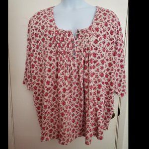 Comfy Pink Floral Pleated Front 3/4 Sleeve Tunic